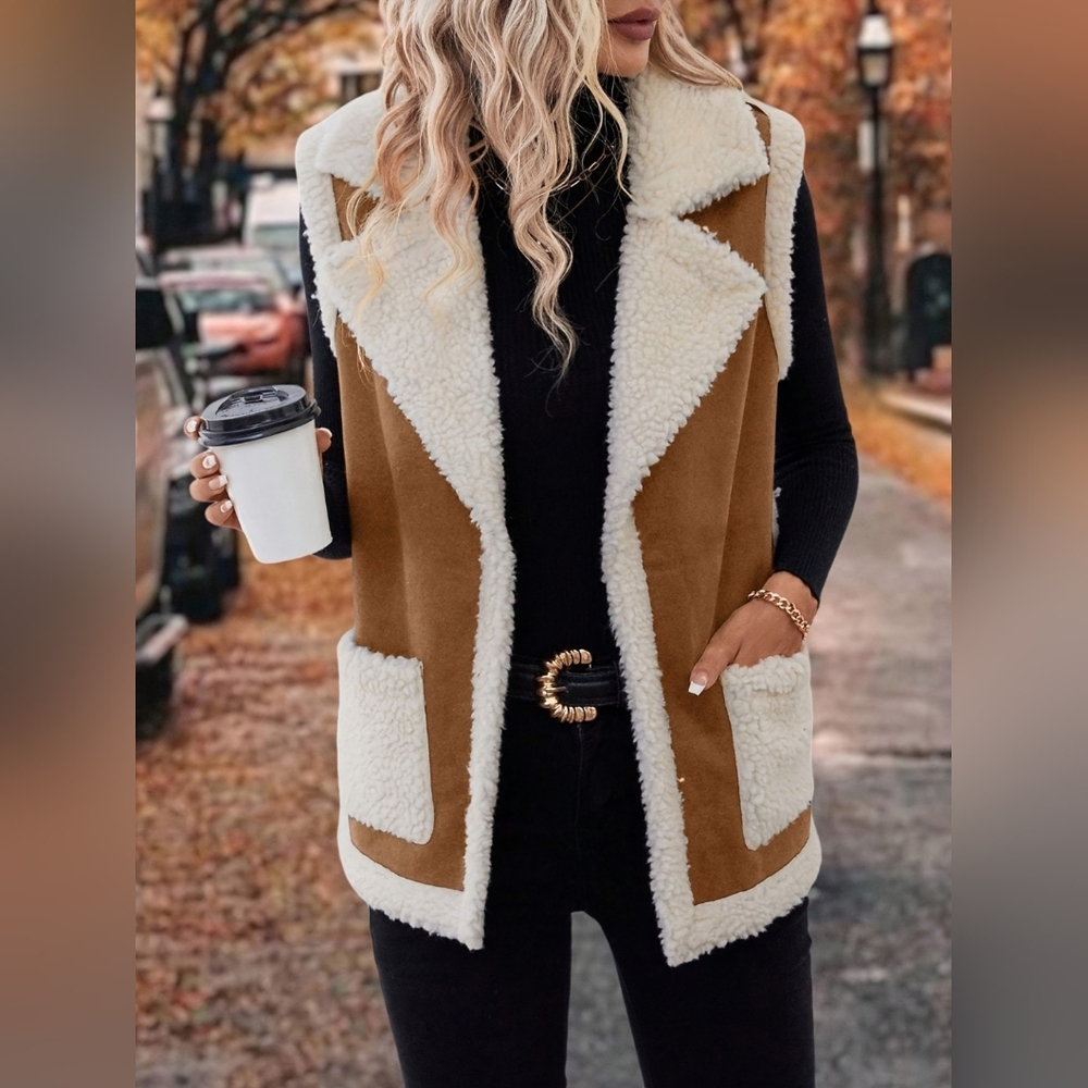 Women's Brown and Cream Sherpa Vest - Picture 2 of 9